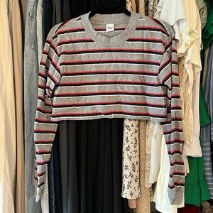 Aritzia/TNA 100% cotton cropped grey long sleeve with navy/red/white stripes